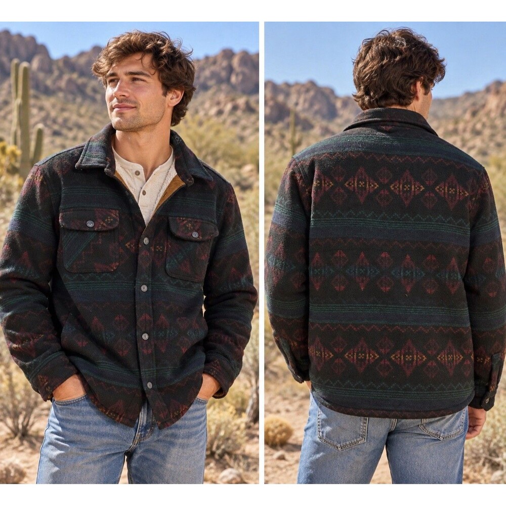 Jachs New York Mens L Black Sherpa Lined Jacket Aztec Southwest Wool Blend